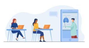 alunos-aprendendo-medicina-online-tutor-dando-webinar-grafico-de-orgaos-humanos-ilustracao-de-desenho-animado_74855-14522