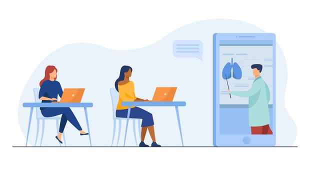 alunos-aprendendo-medicina-online-tutor-dando-webinar-grafico-de-orgaos-humanos-ilustracao-de-desenho-animado_74855-14522