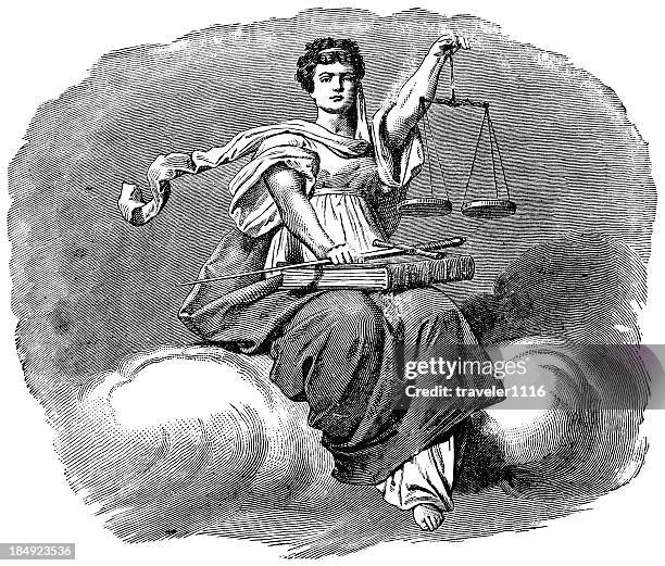 Engraving From 1882 Featuring A Woman Holding The Scales Of Justice.