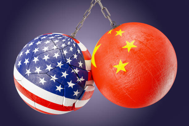 USA vs China Flags Wrecking Ball. 3d render